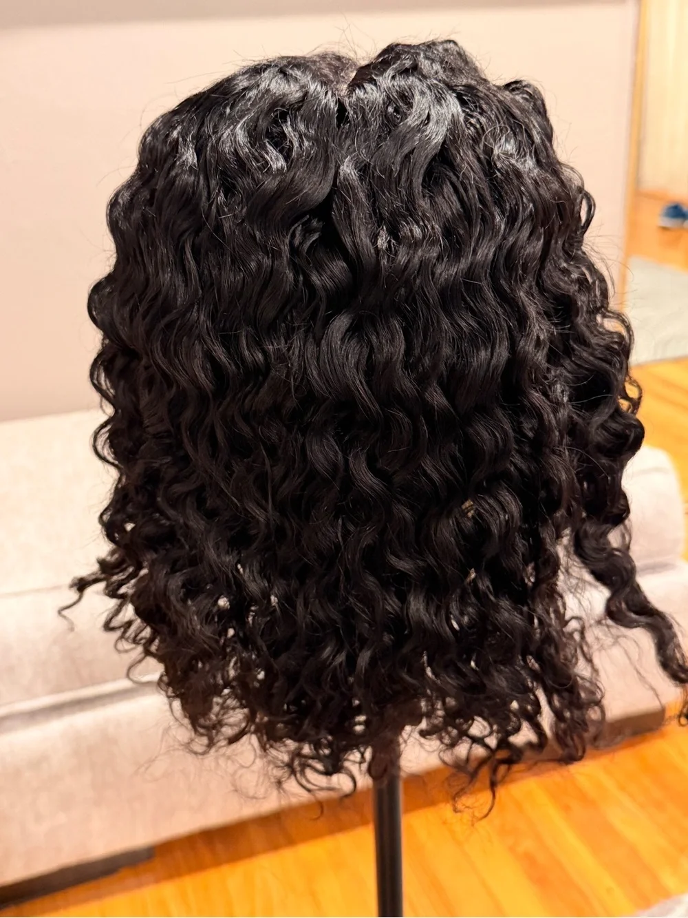 16” Natural Black Water Wave Human Hair Bob Wig 2x6 HD Lace Front 200% Den #231
